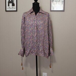 Omika Womens NWOT Printed Blouse Pink Blue Cuff Tassels Boho Peasant Size Large